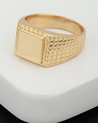 Men 18kt Gold Plated Square Signet Ring with Checkered Band