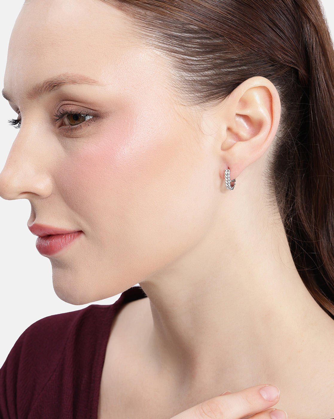 Rhodium Plated Oval Beaded Mini Hoop Earring
