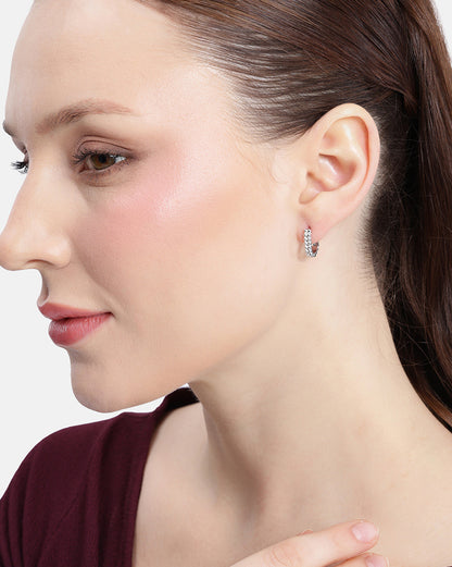 Rhodium Plated Oval Beaded Mini Hoop Earring