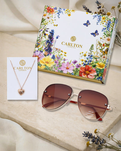 Women Gold Toned UV Protected Sunglasses &amp; 18kt Rose Gold Plated CZ Heart Chain Set