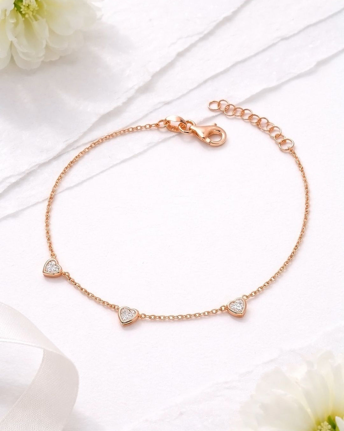 925 Sterling Silver 18kt Rose Gold Plated CZ Heart Charm Bracelet