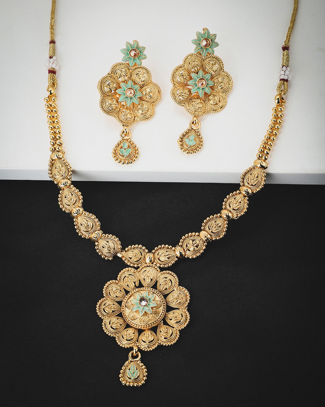 Gold Plated Traditional Enamel Floral Necklace &amp; Earrings Set