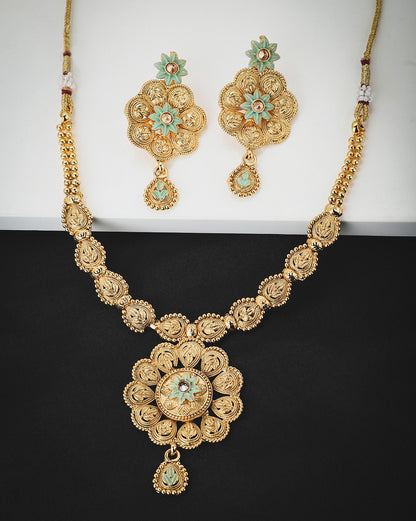 Gold Plated Traditional Enamel Floral Necklace &amp; Earrings Set