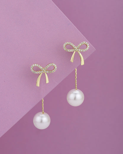 Gold Plated CZ Studded BOW with Pearl Front- Back Jacket Earring