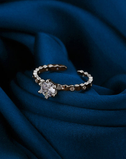 Silver Plated Stylish Round Solitaire &amp; CZ Studded Adjustable Ring