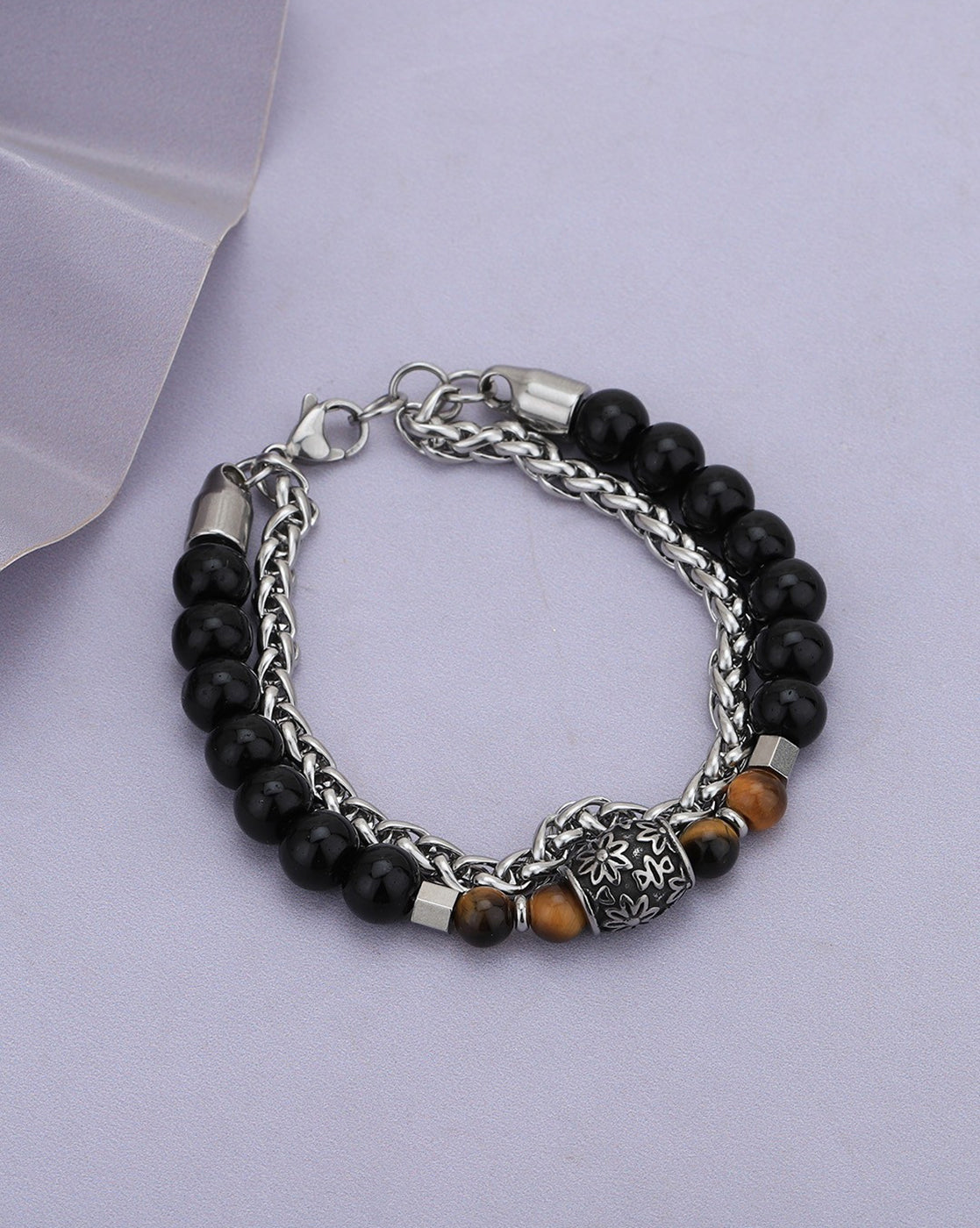 Men Silver Plated Bead Double Chain Layered Bracelet