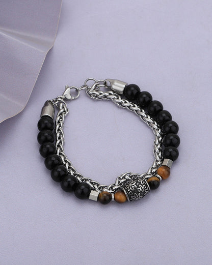 Men Silver Plated Bead Double Chain Layered Bracelet