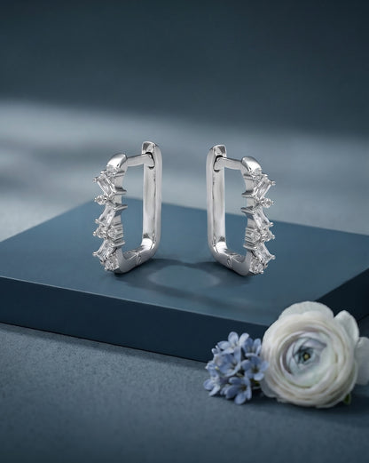 Rhodium Plated Studded Square Hoop Earring with Baguette CZ