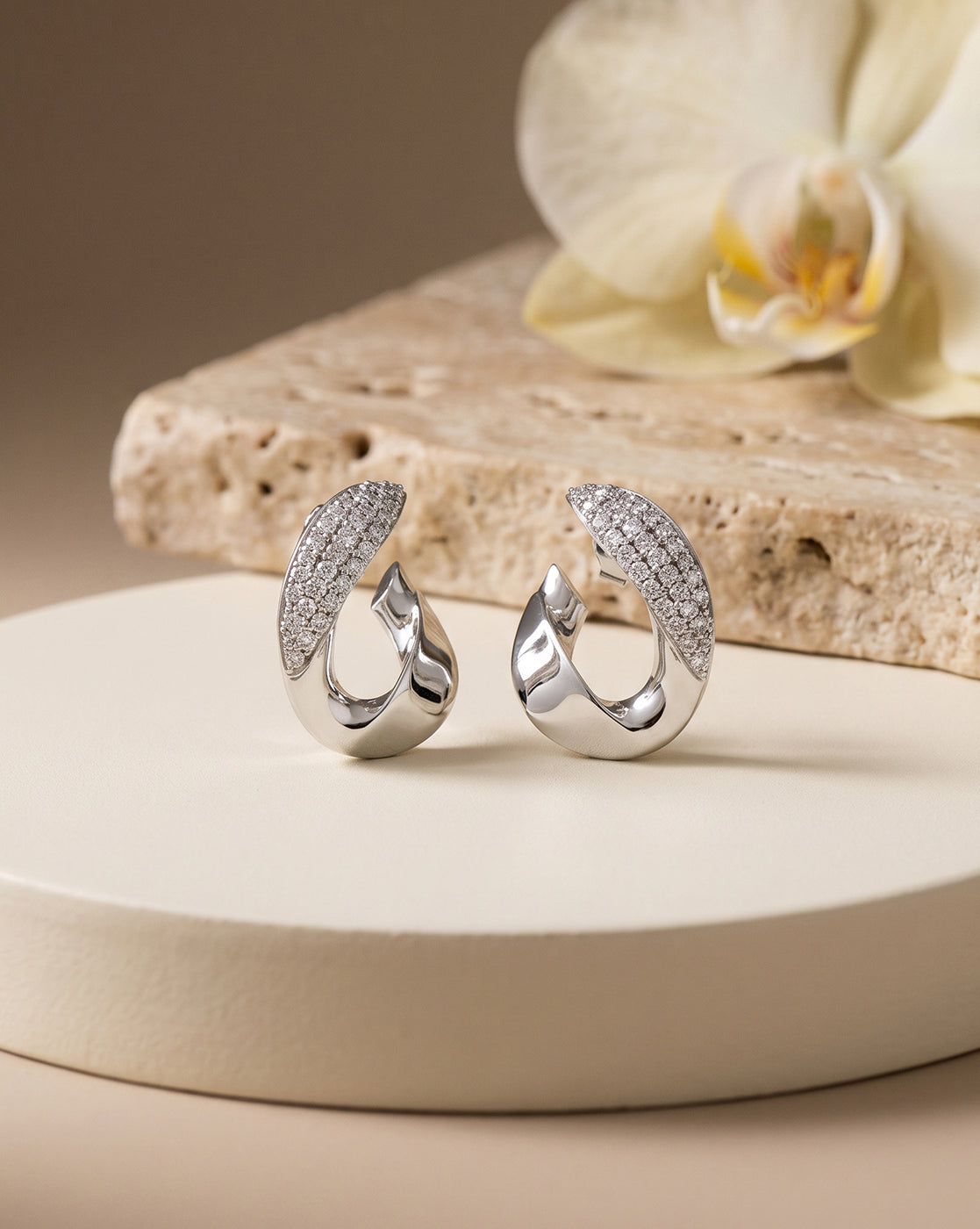 Rhodium-Plated CZ-Studded Chunky Half Hoop Earrings