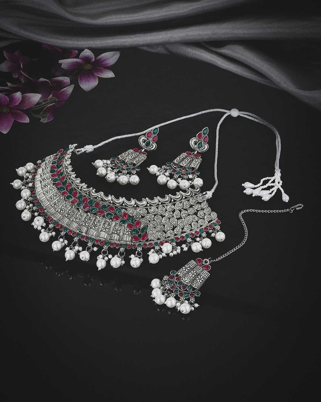 Silver Plated Oxidised Traditional Red Green Stone Jewellery Set with Maang Tika