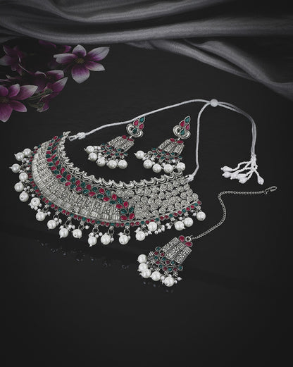 Silver Plated Oxidised Traditional Red Green Stone Jewellery Set with Maang Tika