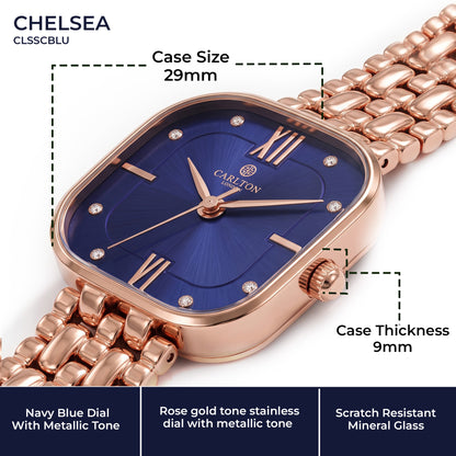 Carlton London Chelsea Women’s Watch – Blue Square Dial, Rose Gold Stainless Steel Strap – CLSSCBLU