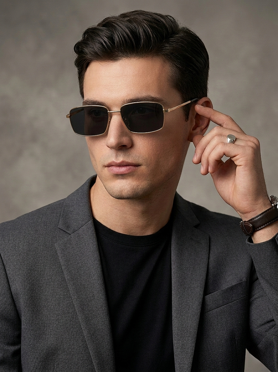 Men Gold and Black Toned Black Polarised Lens Rectangle Sunglasses