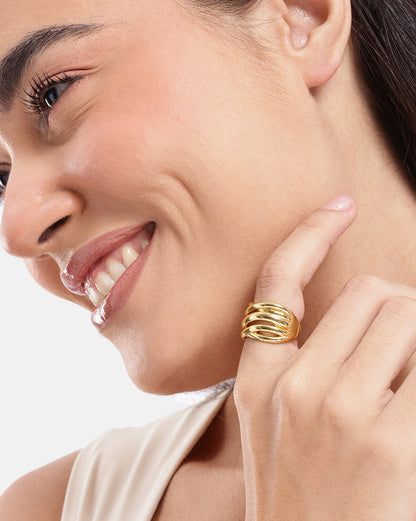Gold Plated Sculptured Multi Band Wave Adjustable Ring