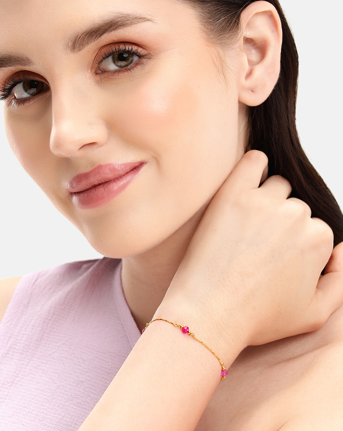 18kt Gold Plated Delicate Fuchsia Bead Charm Adjustable Bracelet