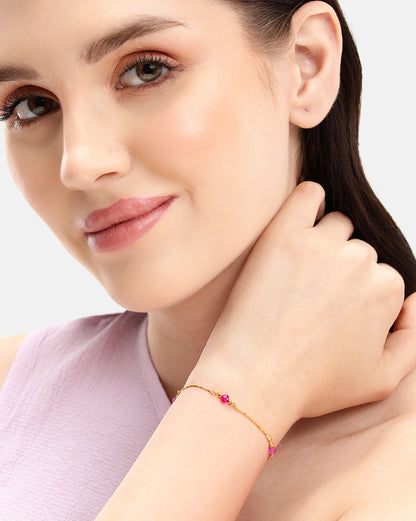 18kt Gold Plated Delicate Fuchsia Bead Charm Adjustable Bracelet