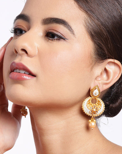 Gold Plated Kundan Teardrop &amp; Filigree Dangler Jhumka Earrings with Pearl Drop