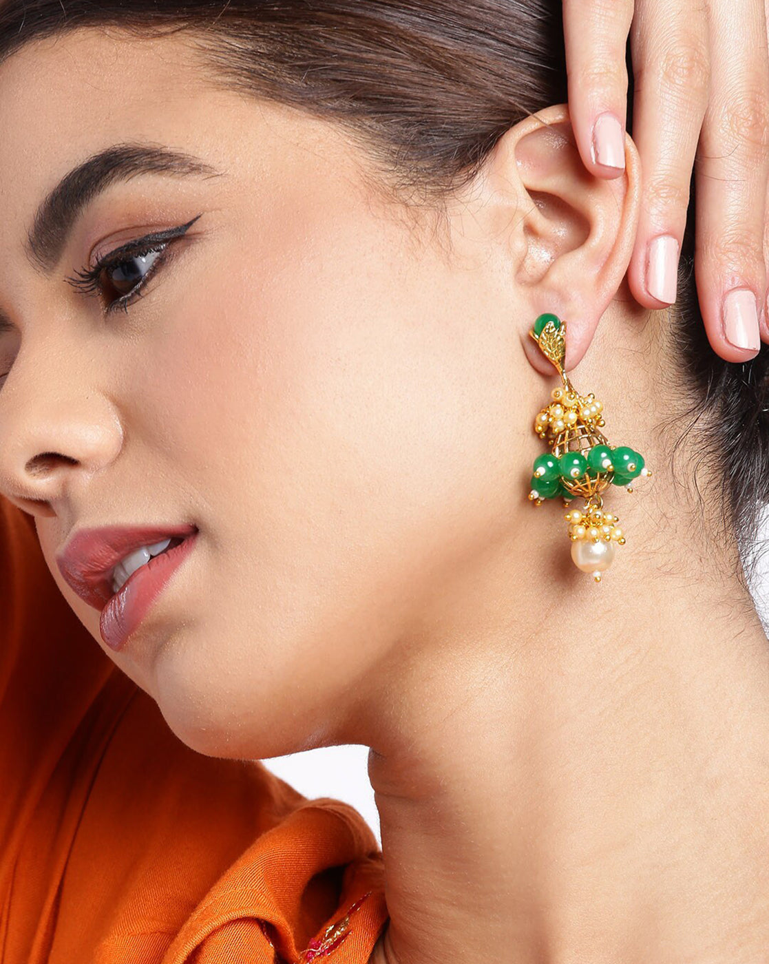 Gold Plated Ethnic Statement Earrings with Pearl &amp; Green Beads