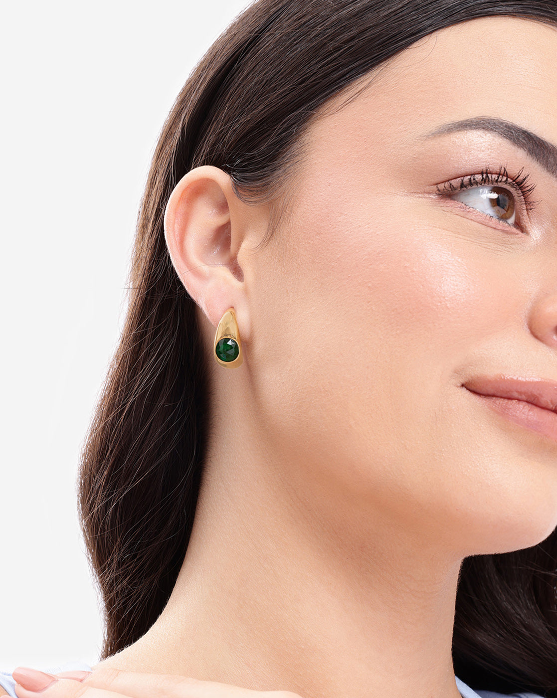 Gold Plated Emerald Green Solitaire Studded Teardrop Half Hoop Earring