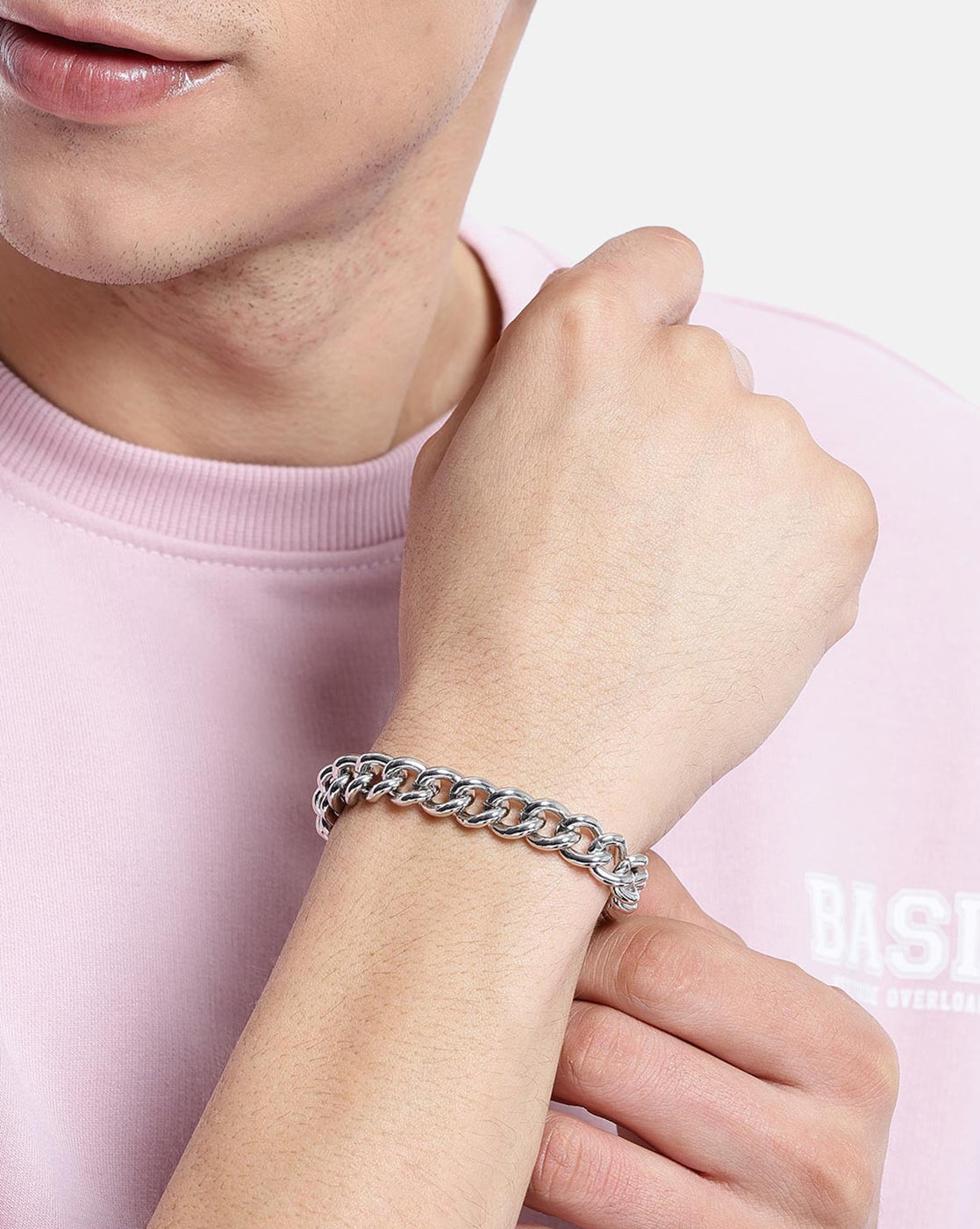 Men Silver Plated Curb Chain Bracelet