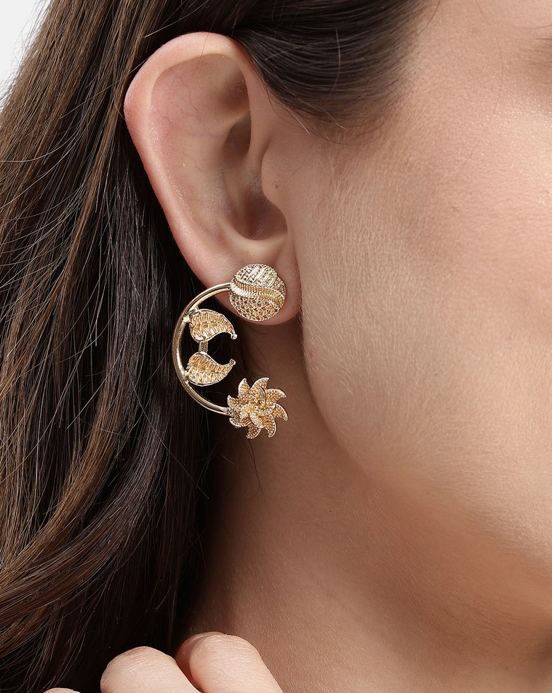 Gold Plated Textured Crescent Moon Drop Floral Earrings