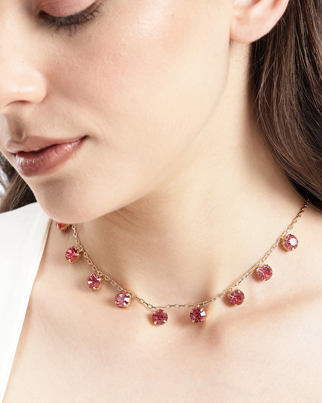 Gold Toned Fashionable Pink Crystal Solitaire Charm Necklace