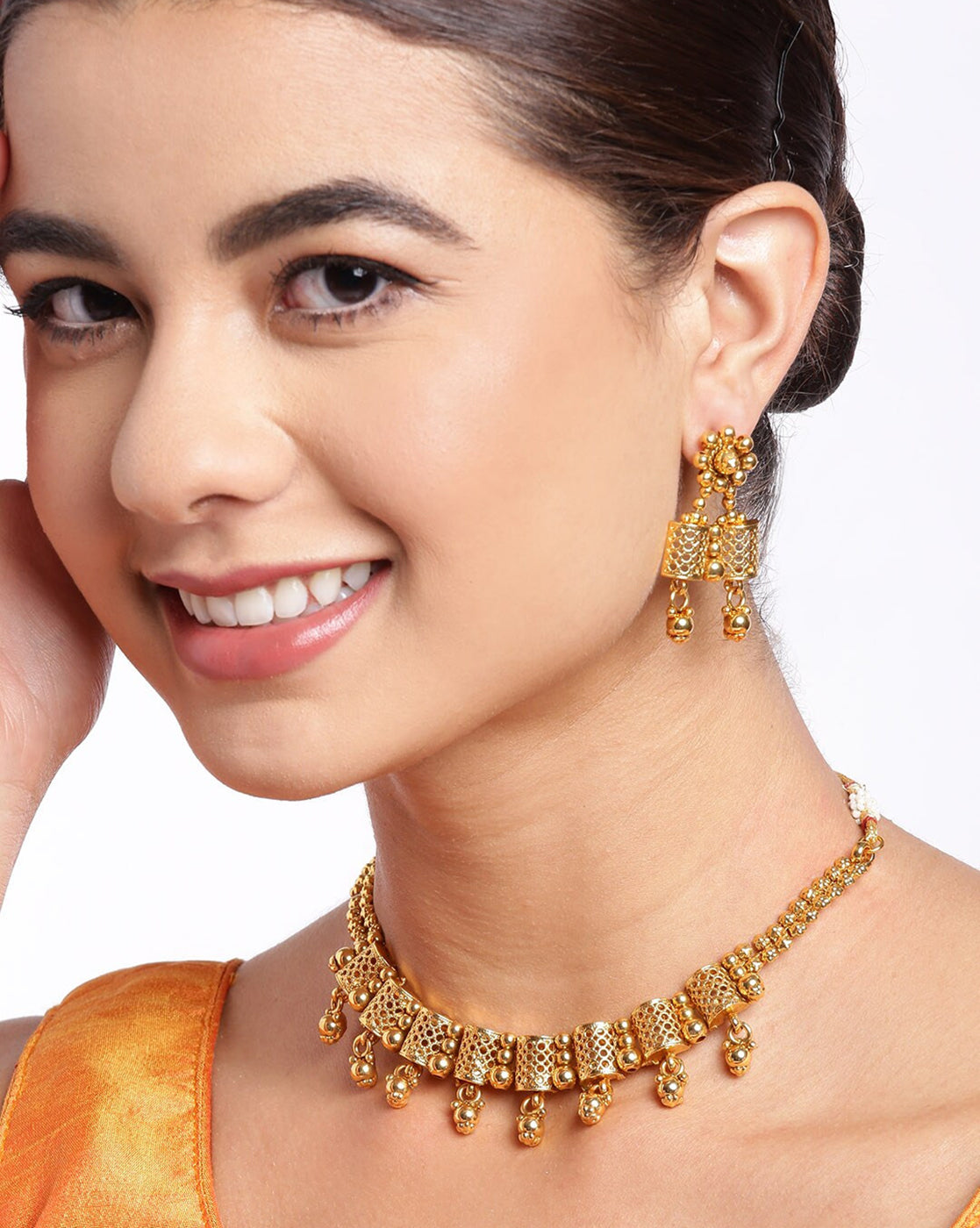 Gold Plated Filigree Necklace Set with Dangler Earrings