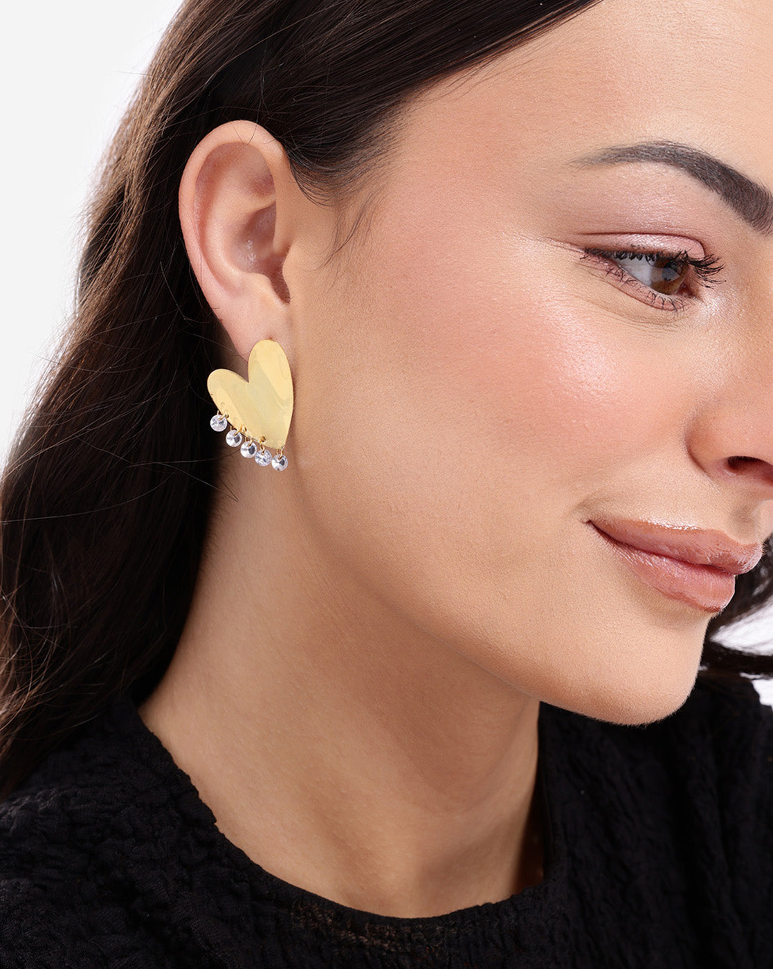 Premium Gold Plated Dangling Solitaires Contemporary Heart Bold Stud Earring