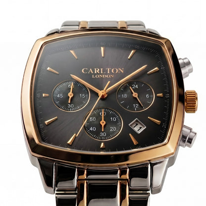 Carlton London Sterling Men’s Watch - Black Square Dial, Dual Tone Stainless Steel Strap - CLSTDBLK