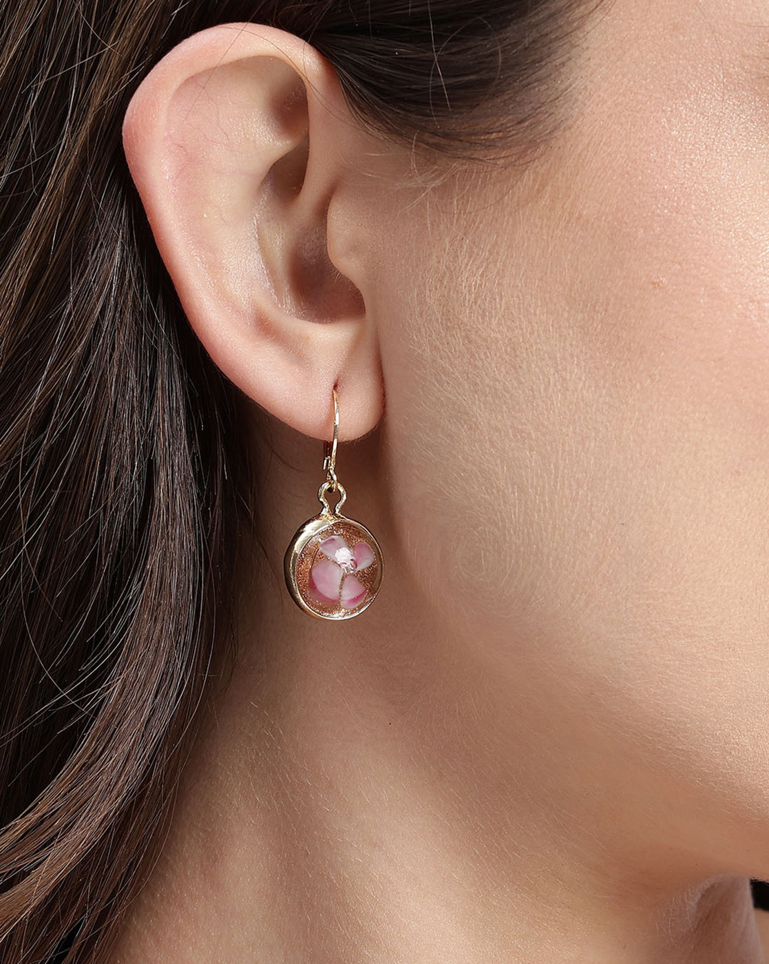 Gold Plated Artistic Dangling Pink Enamel Floral Hoop Earring