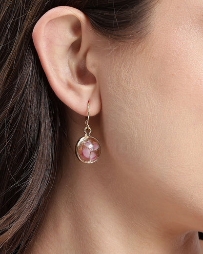 Gold Plated Artistic Dangling Pink Enamel Floral Hoop Earring