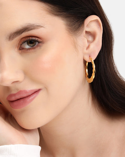 18kt Gold Plated Diamond Cut Textured Hoop Earring