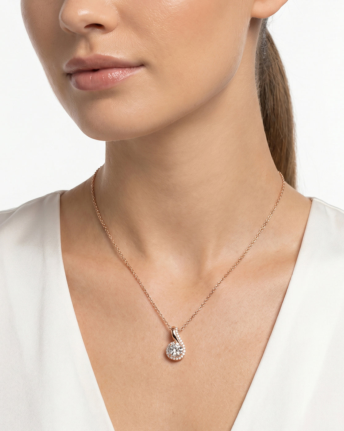 18KT Rose Gold Plated CZ Solitaire Swirl Pendant with Chain