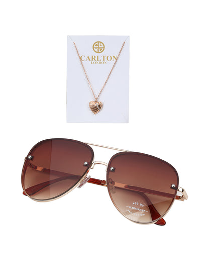 Women Gold Toned UV Protected Sunglasses &amp; 18kt Rose Gold Plated CZ Heart Chain Set