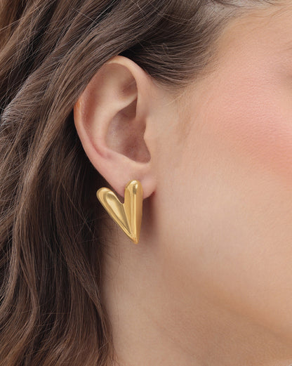 Gold Plated Stylish Elongated V-Heart Stud Earring