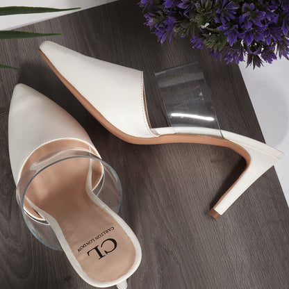 White Slip-On Pointed Toe Women Mule Heels