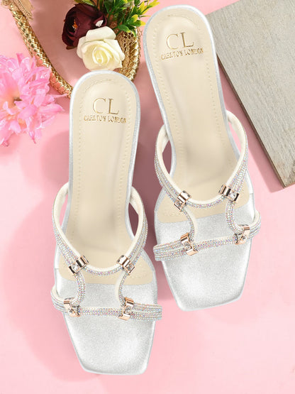 Women Square Toe Embellished Party Stiletto Sandals
