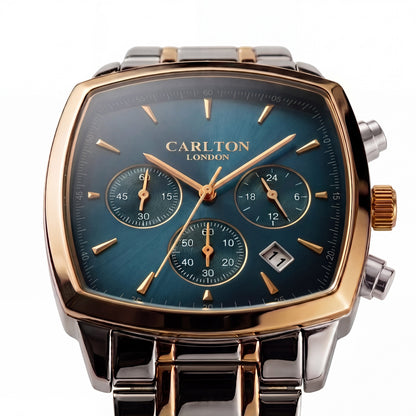 Carlton London Sterling Men’s Watch - Blue Square Dial, Dual Tone Stainless Steel Strap - CLSTDBLU