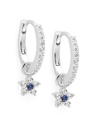 925 Sterling Silver Rhodium Plated Blue CZ Star Hoop Earring