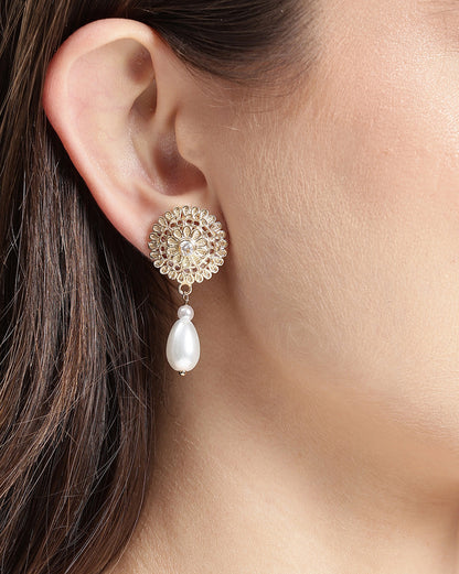 Gold Plated Intricate Floral Pearl Drop Earrings