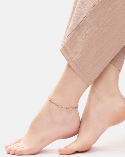 18kt Rose Gold Plated Dangling Bead Charm Accents with Singapore Chain Adjustable  Anklet