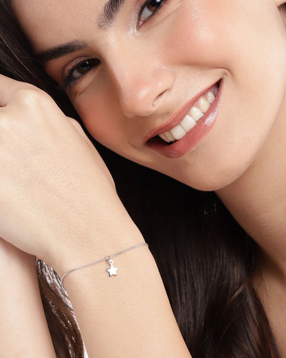 925 Sterling Silver Rhodium Plated Dangling Star Charm Bracelet
