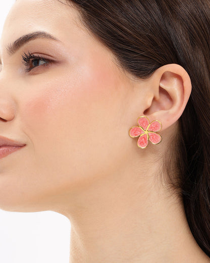 Gold Plated Swirl Enamel Blossom Flower Stud Earring