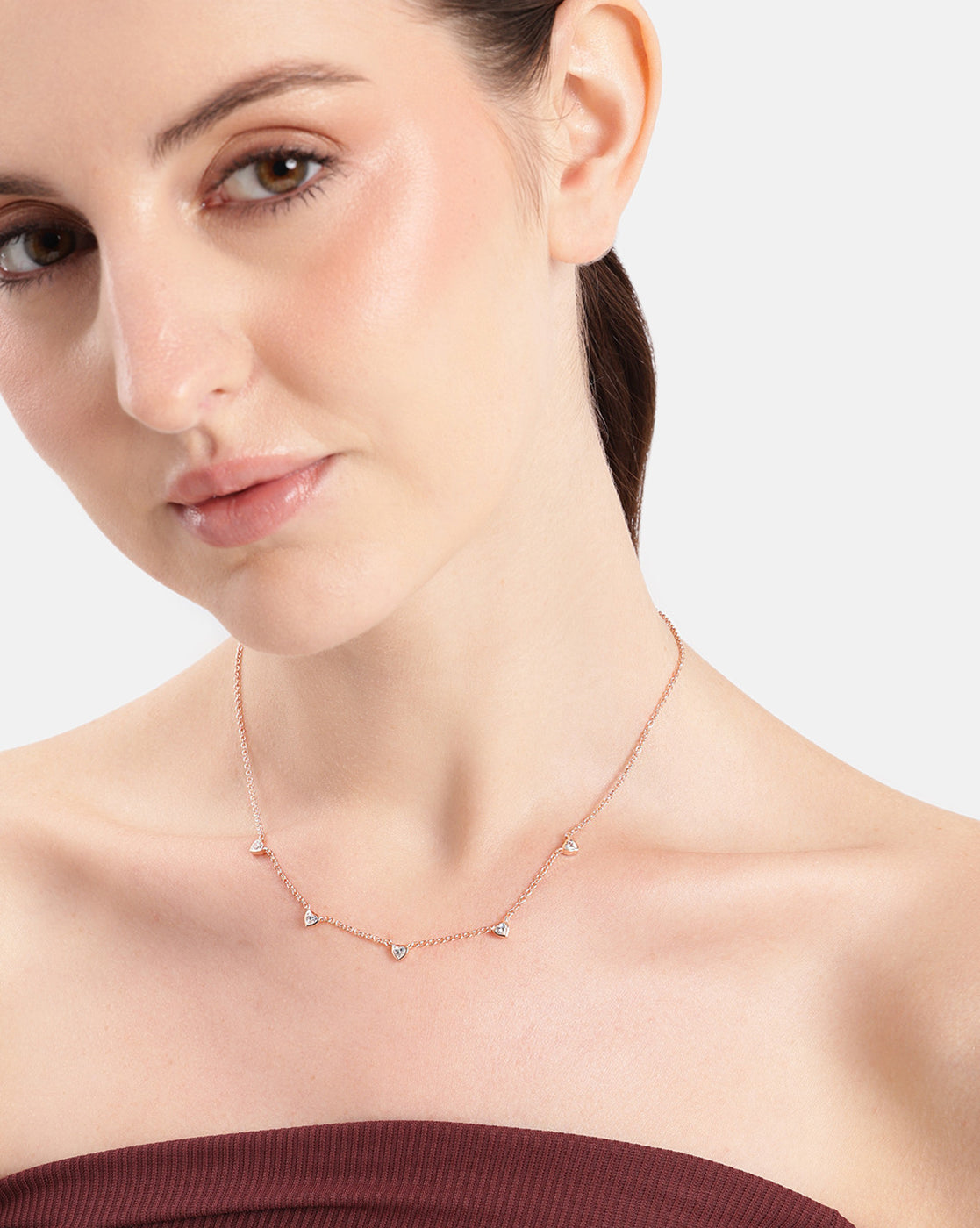 18kt Rose Gold Plated Multiple CZ Heart Charm Necklace