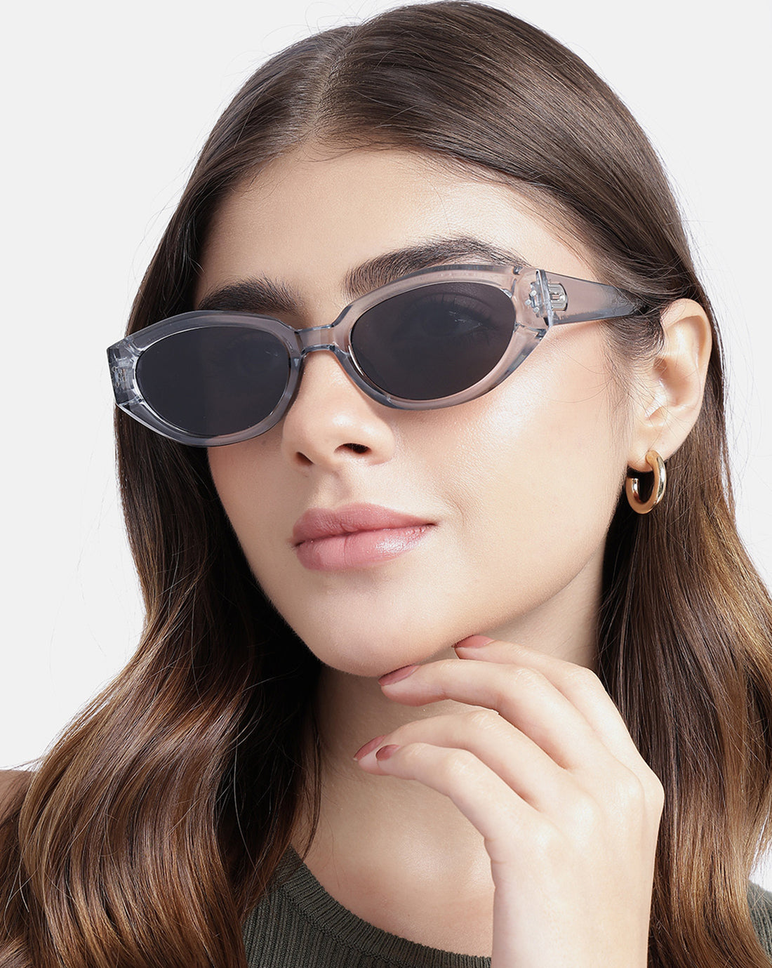 Women Grey Toned UV Protected Black Lens Oval Sunglasses