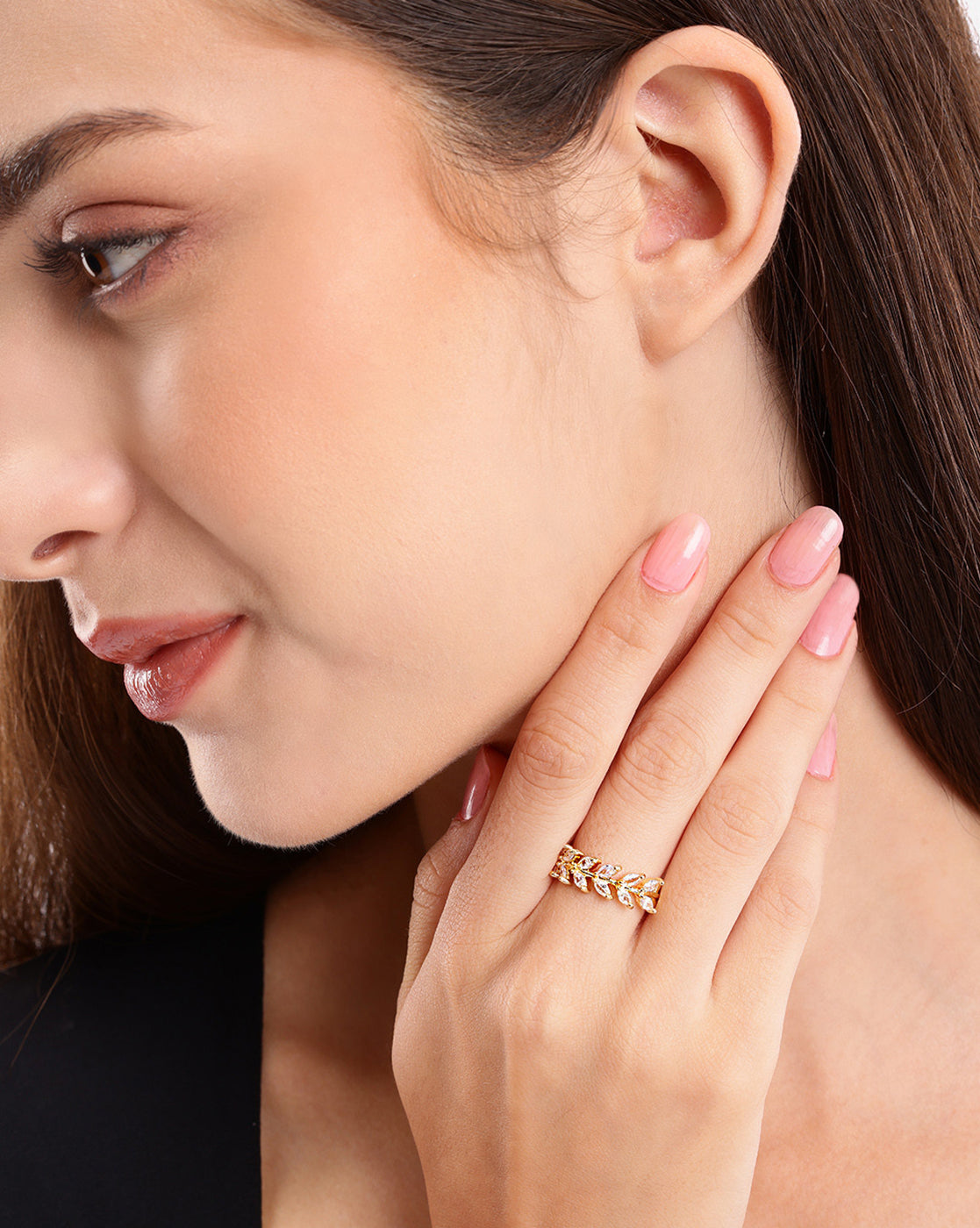 Gold Plated Modern Nature Inspired Marquise CZ Adjustable Ring