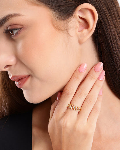 Gold Plated Modern Nature Inspired Marquise CZ Adjustable Ring