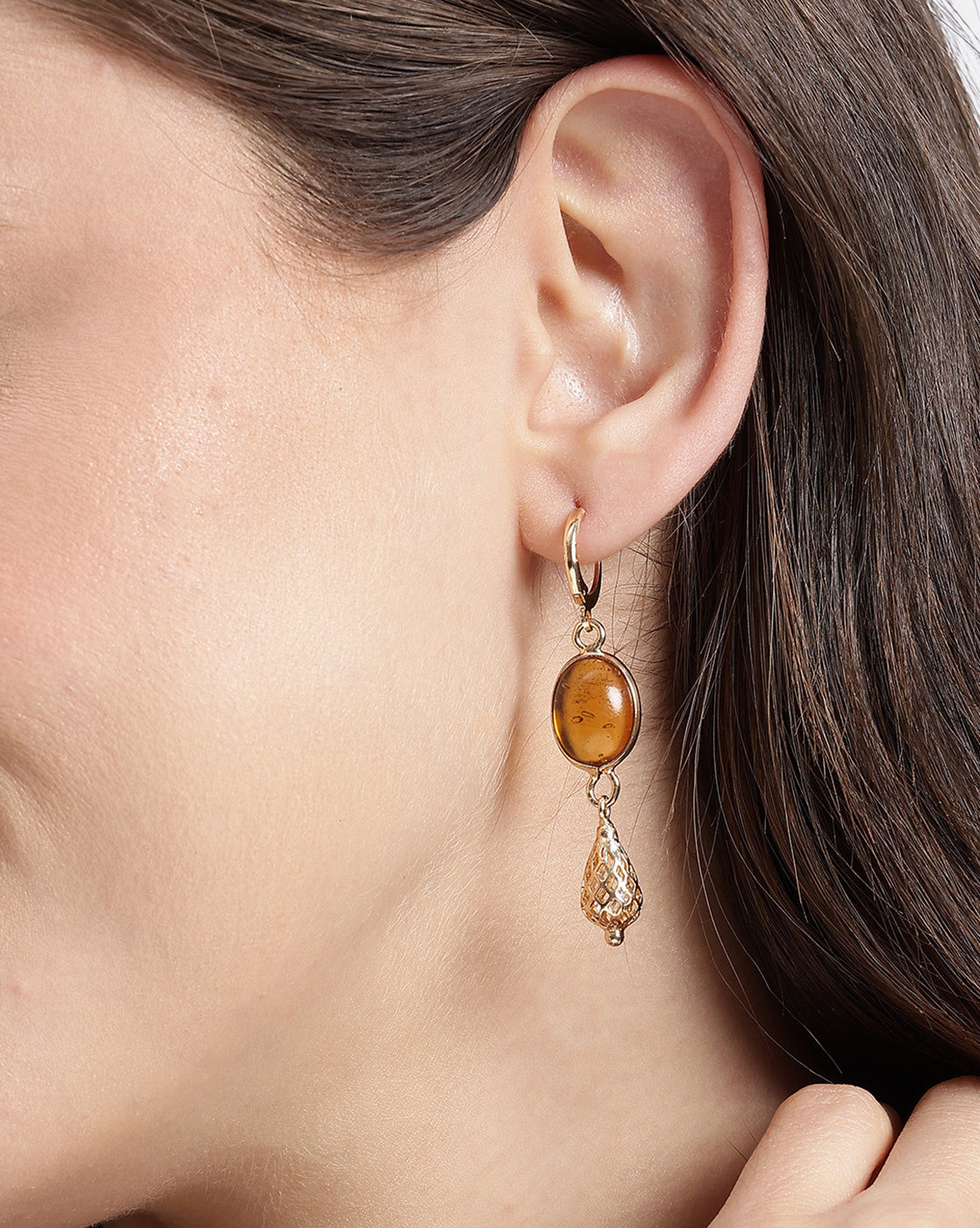 Gold Plated Elegant Oval Stone Filigree Drop Earrings