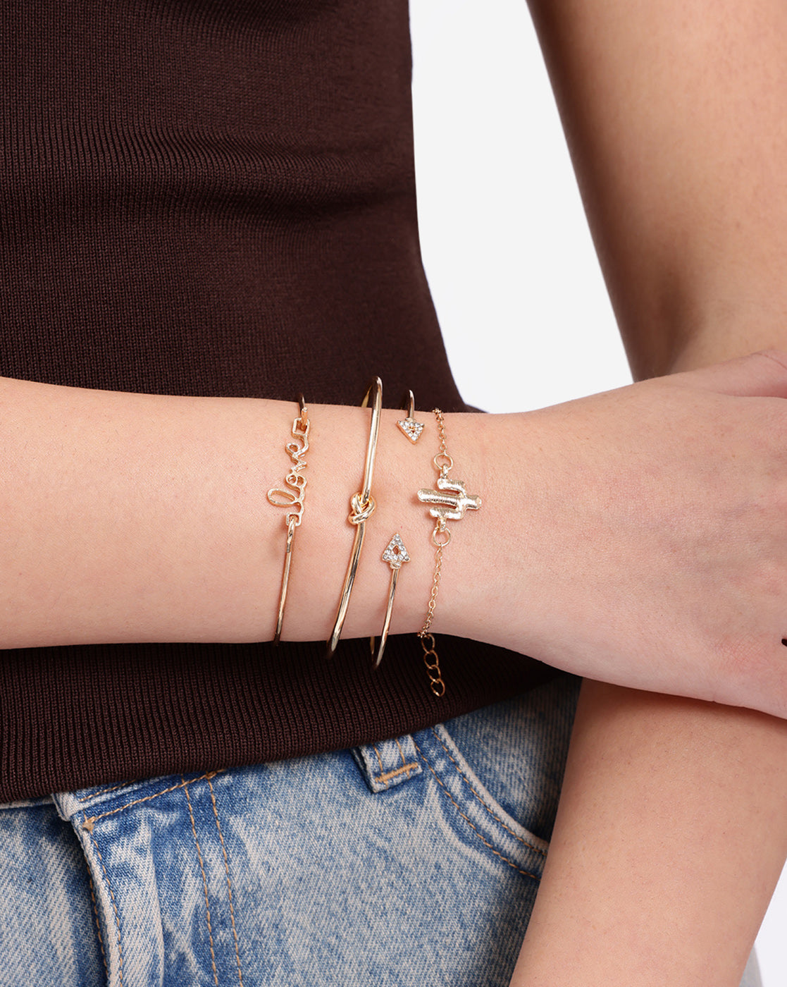 Set of 4 Rose Gold Plated CZ Studded- Knot- Cactus-Love-Stack Cuff Bracelet Multipack Set