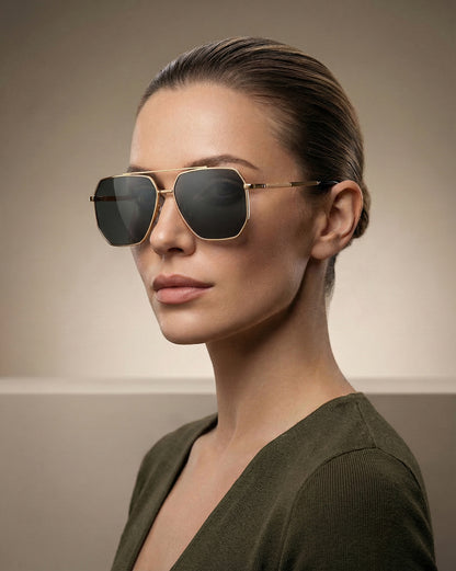 Women Gold and Black Toned Black Polarised Lens Rectangle Sunglasses